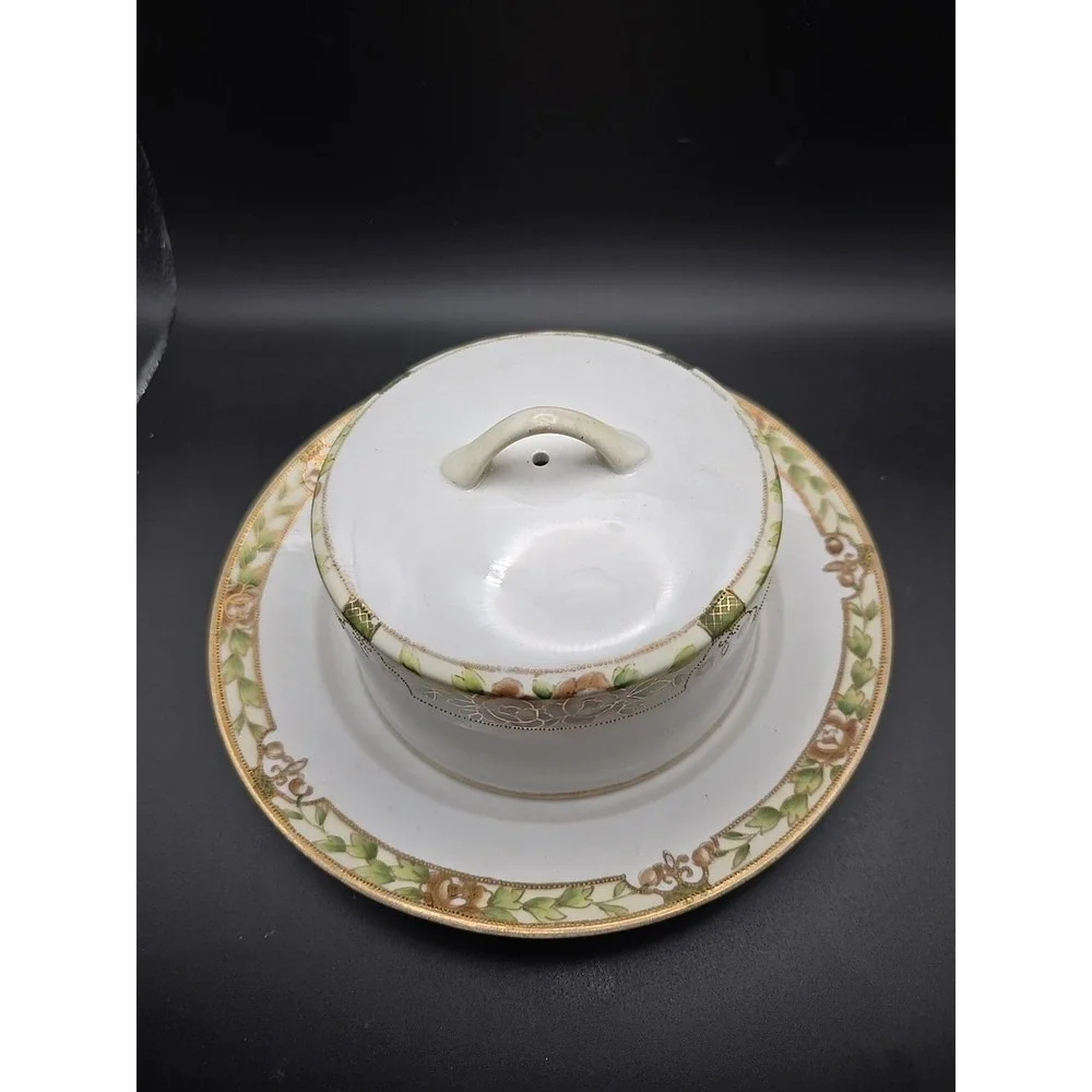 Antique Nippon Hand Painted China Cheese/ Butter‎ Dish Gold Floral